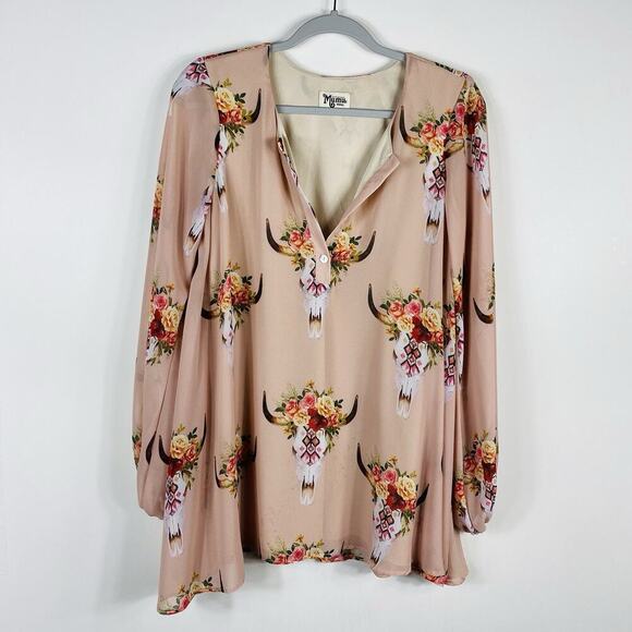 Show Me Your Mumu Size Small Long Sleeve Bull Head Skull Print Jamie Tunic Top - Picture 1 of 6